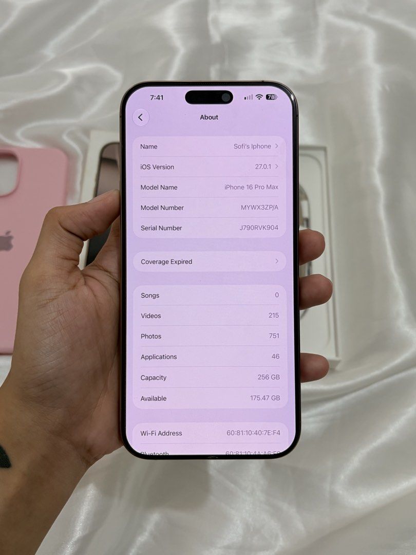 Iphone 16 Pro Max (Category: iPhone 16 Series) located in Batangas. Submitted by sofiadadua (Listing ID 1469759555, Image 3). Description: Iphone 16 Pro Max - 256gb - 89bh - Factory Unlock (No Sim Restrictions) - Unli Reset/Update - Brandnew Condition - No scratches/Dents - No Issue/History of Repair - Will provide 3utools for accuracy of the device 📦Inclusion - Unit - Original Cord - Original Box - 1 case 📌Personal Warranty - If there’s an iss