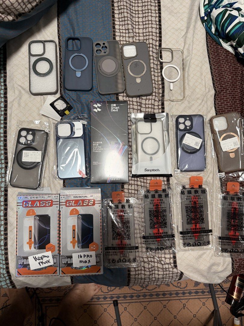 iPhone 16 pro max cases and tempered glass (Category: Cases & Sleeves) located in Makati City. Submitted by justinchuu (Listing ID 1469774597, Image 1). Description: Selling cases and tempered glass for iphone 16 promax. Take all. 7 tempered glass - 1 smart devil - 2 hd tempered glass with installer - 4 privacy tempered glass 10 phone case - 5 new case - 3 slightly used - 2 used.