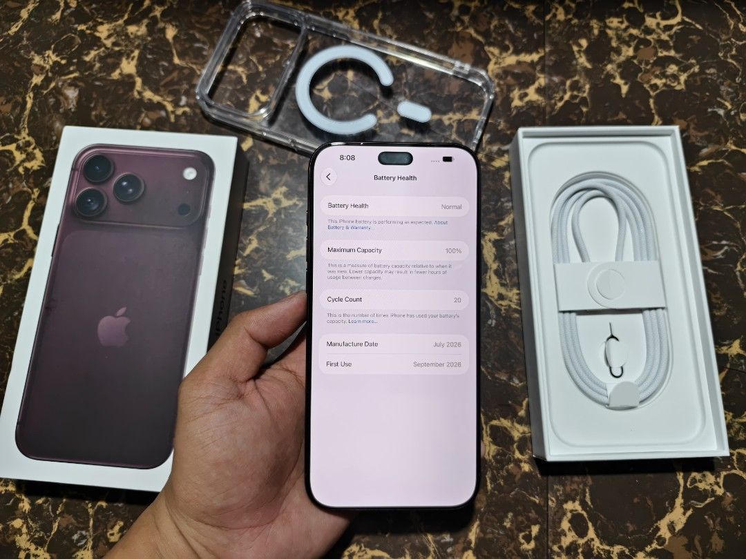 Iphone 18 pro max 256gb (Category: iPhone 18 Series) located in San Juan City. Submitted by hakobzone (Listing ID 1469780744, Image 2). Description: Iphone 18 Pro Max 256gb 87k selling price Details: Unit is in excellent condition 256gb Openline Hk variant Ntc approved 100bh(20cc as of posting) Under warranty until September 2027 Burgundy color Package Complete regular package..