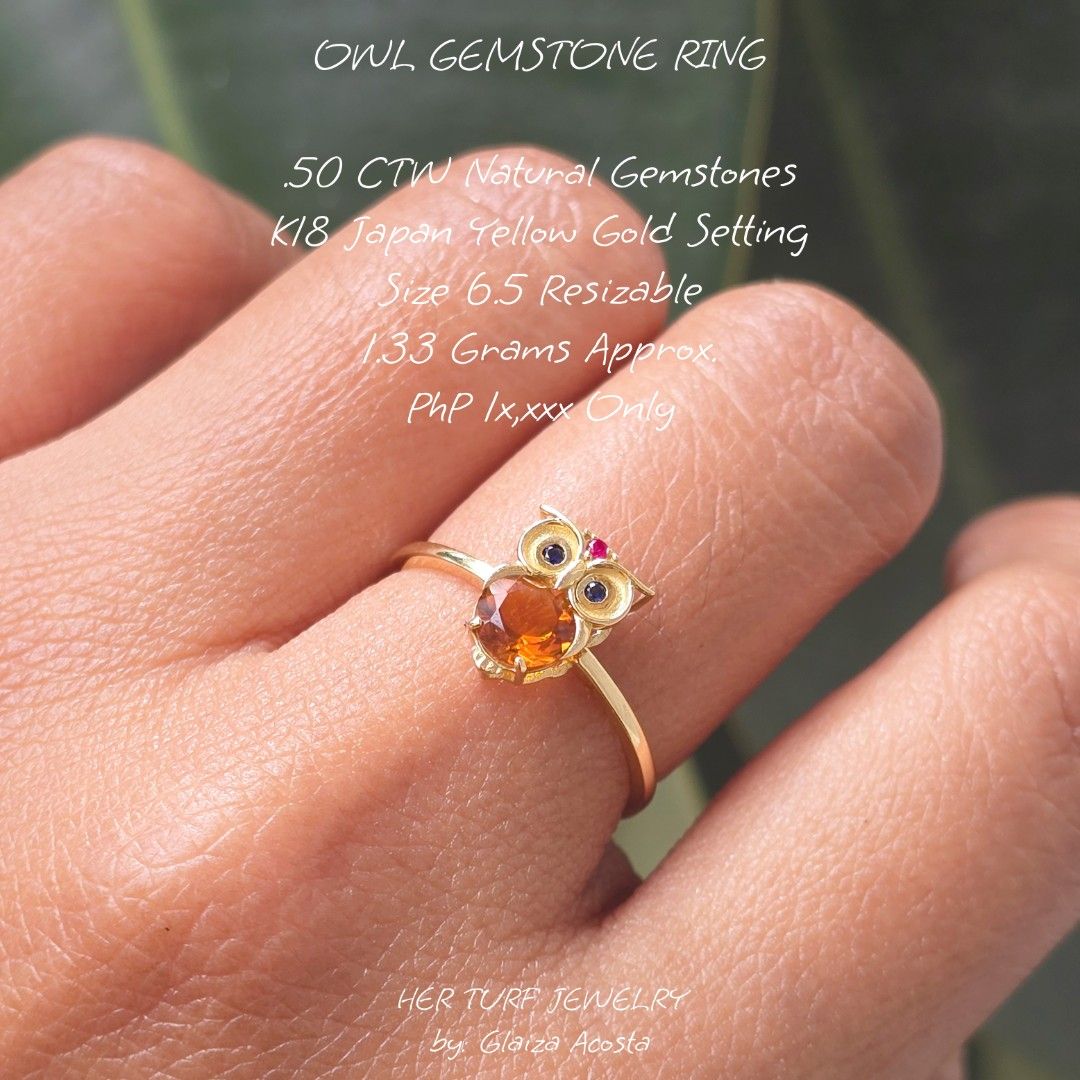 IWL GEMSTONE RING (Category: Rings) located in Quezon City. Submitted by her_turf (Listing ID 1469889236, Image 1). Description: Owl gemstone ring,.50 ctw natural gemstones. Citrine, blue sapphires, and ruby. K18 Japan yellow gold setting. Size 6.5, resizable. Weighs around 1.33 grams. Free LBC shipping with insurance within 1 to 5 days. Lalamove and Grab motor available for buyer's booking. Meet-ups at Camella Bulacan, Bulacan 3017. COD option r