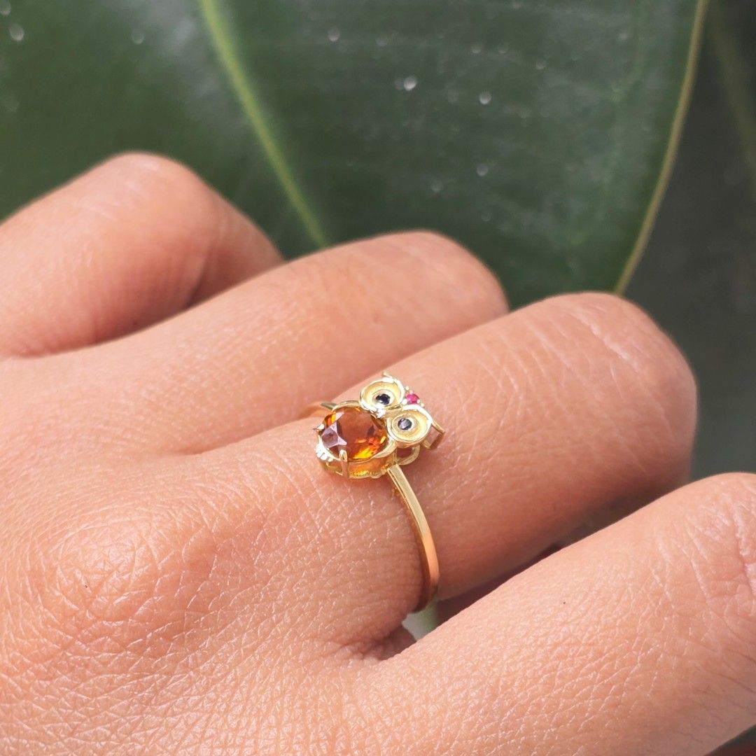 IWL GEMSTONE RING (Category: Rings) located in Quezon City. Submitted by her_turf (Listing ID 1469889236, Image 3). Description: Owl gemstone ring,.50 ctw natural gemstones. Citrine, blue sapphires, and ruby. K18 Japan yellow gold setting. Size 6.5, resizable. Weighs around 1.33 grams. Free LBC shipping with insurance within 1 to 5 days. Lalamove and Grab motor available for buyer's booking. Meet-ups at Camella Bulacan, Bulacan 3017. COD option r