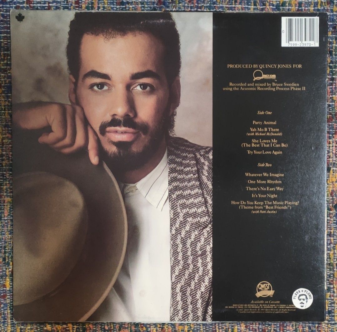 James Ingram - It's Your Night LP Vinyl Record (Category: Vinyls) located in Quezon City. Submitted by plaka.o.plomo (Listing ID 1469793099, Image 2). Description: Artist(s) : James Ingram Album : It's Your Night Year : 1983 Media : VG+ Color : Black Sleeve : VG+ No. : 1x Vinyl Size : 12" RPM : 33 Country : Canada Catalog No. : 92 39701 Tracklist : - Side 1 1. Party Animal 4:55 2. Yah Mo Be There 4:40 3. She Loves Me (The Best That I Can Be) 3:40