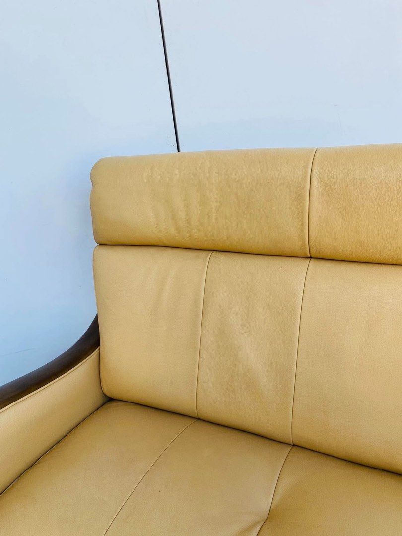 JAPAN SURPLUS WOODEN SOFA (Category: Chairs) located in Manila. Submitted by justinlei.103 (Listing ID 1469928908, Image 3). Description: “JAPAN SURPLUS” “DIRETTORE” LEATHER SOFA WITH WOODEN CURVED ACCENT SIZE: 42L” x 25W” x 15Sh” x 34H” inches (AS-IS ITEM) IN GOOD CONDITION.