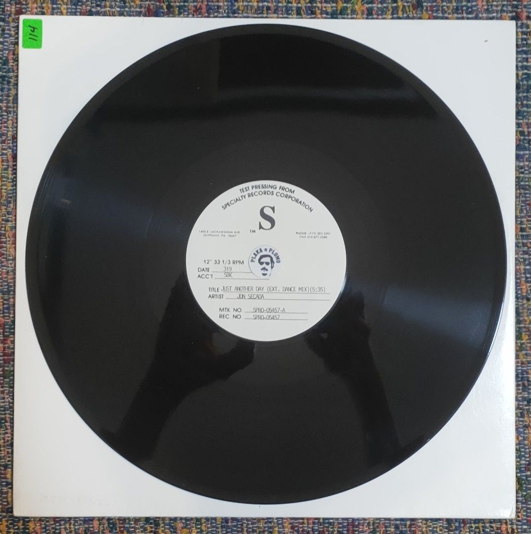 Jon Secada - Just Another Day 12" Test Press Vinyl Record (Category: Vinyls) located in Quezon City. Submitted by plaka.o.plomo (Listing ID 1469836028, Image 2). Description: Artist(s) : Jon Secada Song(s) : Just Another Day Year : 1992 Media : VG+ Color : Black Sleeve : Gen No. : 1x Vinyl Size : 12" RPM : 33 Country : US Catalog No. : SPRO-05457 Tracklist : - Side A 1. Just Another Day (Ext. Dance Mix) 5:35 - Side B 1. Just Another Day (Ext. Spa
