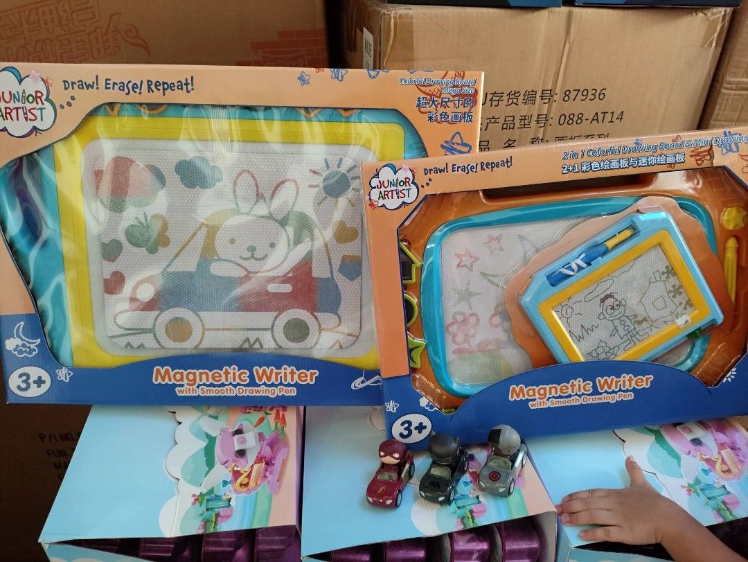 Junior Artist Magnetic Writer Drawing Board (Category: Stationery & School Supplies) located in San Jose del Monte. Submitted by vakadela54883 (Listing ID 1469887323, Image 1). Description: - Junior Artist magnetic writing boards available in two sizes (Large Mega Size and 2-in-1 Mini Set) - Includes a smooth drawing pen for endless draw-and-erase fun - Features bright, colorful packaging with cute bunny and car graphics - Ideal for kids ages 3 a