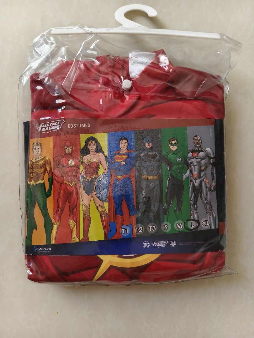 Justice League The Flash Costume Size L (Category: Babies & Kids Fashion) located in Paranaque City. Submitted by pickleandpumpkeen (Listing ID 1469913643, Image 2). Description: - Official DC Justice League The Flash costume set - Size: L (marked on packaging) - Condition: Brand new, still sealed in original plastic bag with hanger - Includes: Printed jumpsuit with hood, attached boot covers, and gloves - Features: Yellow lightning bolt details 
