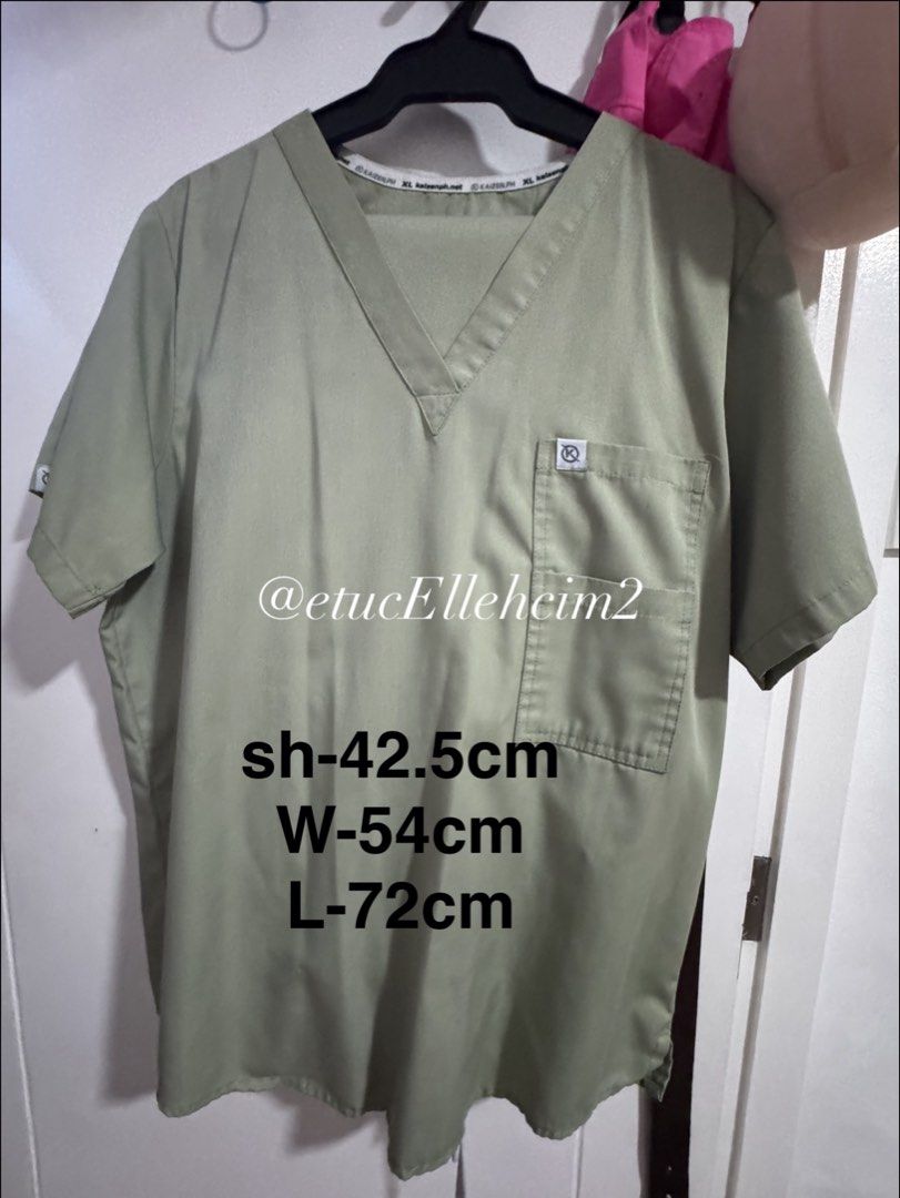 KaizenPH Green Scrubs Set Top and Pants (Category: Sets or Coordinates) located in Pasay City. Submitted by michmonteros (Listing ID 1469871043, Image 1). Description: - Brand/Item: KaizenPH medical scrubs set - Color: Muted green - Top Details: V-neck cut, front pocket with logo tag - Top Measurements: Shoulder 42.5cm, Width 54cm, Length 72cm - Pants Details: Elastic waistband with white drawstring, deep pockets - Pants Measurements: Waist 33cm 