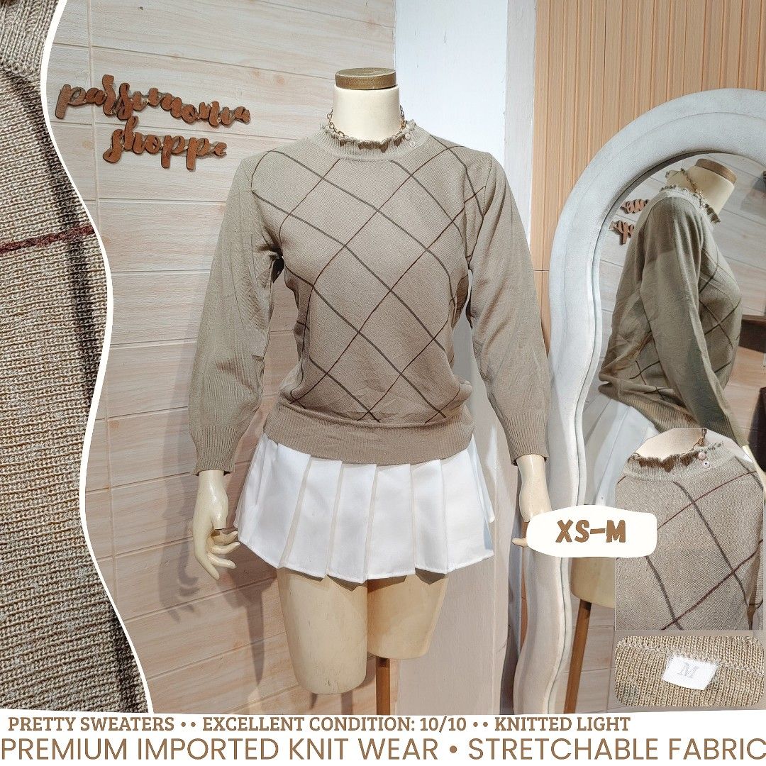 Knit Argyle Sweater Light Brown Tan Pullover aesthetic top Freesize (Category: Longsleeves) located in Bulacan. Submitted by alyssarys (Listing ID 1469921667, Image 1). Description: - Color: Light tan and brown - Pattern: Classic argyle across the front and sleeves - Details: Crewneck with subtle ruffled edge and small pearl accents near the collar - Fit: Lightweight, super stretchy, comfortably fits sizes XS to M.