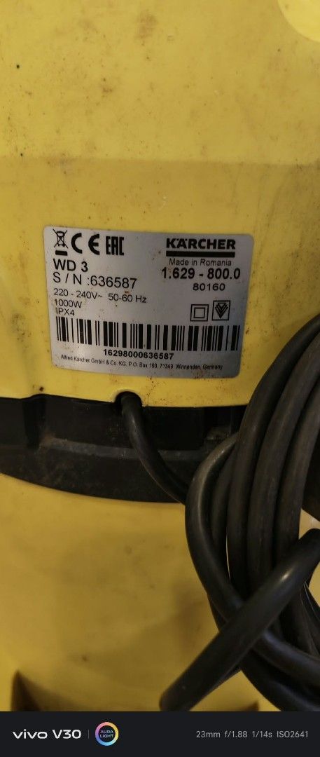 Kärcher WD 3 Multi-Purpose Vacuum Cleaner (Category: Vacuum Cleaner & Housekeeping) located in Taguig. Submitted by thrifthub.ph (Listing ID 1469785070, Image 3). Description: • Power Consumption: 1000 W • Container Capacity: 17-litre impact-resistant plastic container • Filter Type: Cartridge filter for wet and dry vacuuming without changing the filter • Additional Functions: Integrated blower function for leaves or hard-to-reach areas, practica