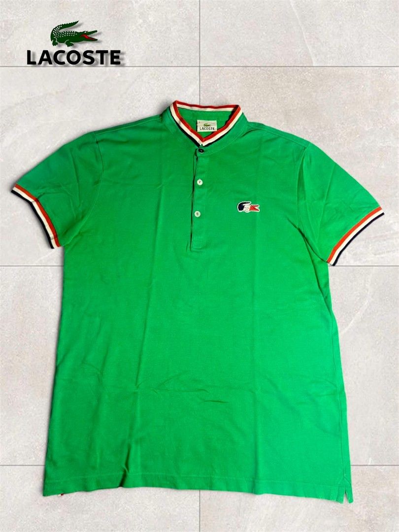 Lacoste Trico Men's (authentic) (Category: Luxury Apparel) located in Cebu City. Submitted by westleygics18 (Listing ID 1469761438, Image 3). Description: - Lacoste Green Polo Shirt with Striped Mandarin Collar Size 4 Vgood condition Size: 4 (fits like Medium) Measurements: 20 inches chest width, 27 inches length Prelove.