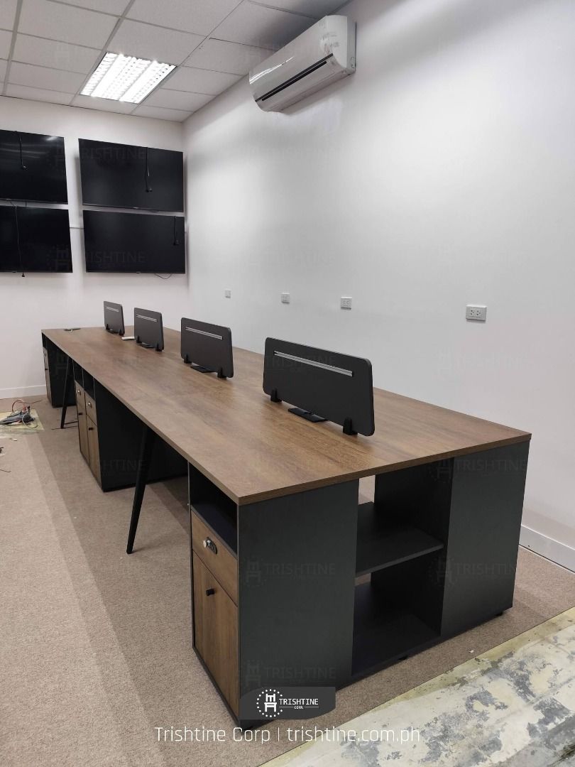 Large Wooden Office Workstation Desk with Built-in Storage Shelves ...