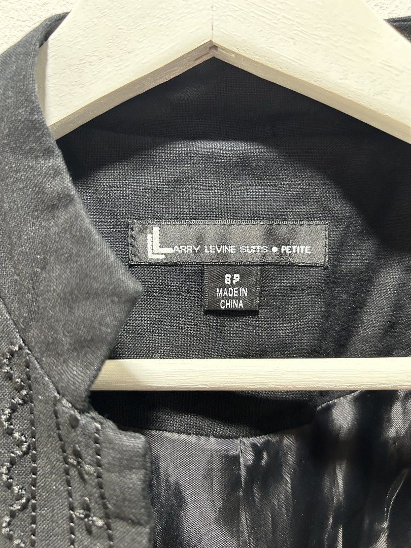 Larry Levine Suits Petite Black Embroidered Jacket Size 8P (Category: Coats, Jackets and Outerwear) located in Manila. Submitted by isabelle_1104 (Listing ID 1469917501, Image 2). Description: - Brand: Larry Levine Suits Petite - Size: 8P - Color: Black - Style: Open front jacket with mandarin collar - Detail: Heavy textured embroidery on front panel - Interior: Fully lined with smooth satin fabric - Origin: Made in China.