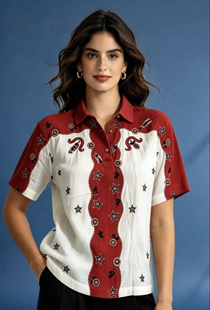 LAURA BIAGIOTTI (Category: Blouses) located in Davao. Submitted by sart0ria85 (Listing ID 1469897324, Image 2). Description: Red and white colorway with nautical chain, star, and ribbon motif; Button placket with gold-tone buttons 100% COTTON MEDIUM. Size 6 EXCELLENT CONDITION (91/100).