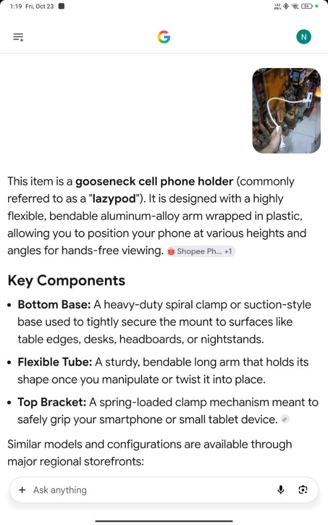 Lazypod: Gooseneck Cellphone Holder (Category: Mounts & Holders) located in Valenzuela. Submitted by mighthor0526 (Listing ID 1469803654, Image 3). Description: From Japan Slightly used Payment thru Gcash or Abono by Lalamove rider Delivery by rider or shipping will be shouldered by the buyer Pm me if interested .