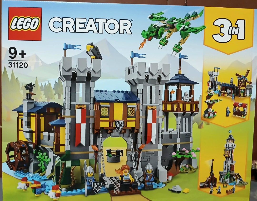 LEGO Creator 3-in-1 Medieval Castle 31120 (Category: Lego & Building Sets) located in Manila. Submitted by brunobeaut55620 (Listing ID 1469867299, Image 1). Description: - LEGO Creator 3-in-1 Medieval Castle (Set 31120) - Build a classic fortress with towers, waterwheel, and working drawbridge - Rebuilds into 3 different models: fortress, castle tower, or marketplace - Comes complete with knight minifigures, a green dragon, and animal figures - G