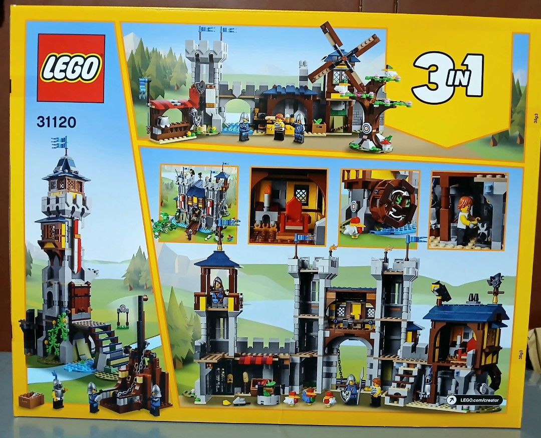 LEGO Creator 3-in-1 Medieval Castle 31120 (Category: Lego & Building Sets) located in Manila. Submitted by brunobeaut55620 (Listing ID 1469867299, Image 2). Description: - LEGO Creator 3-in-1 Medieval Castle (Set 31120) - Build a classic fortress with towers, waterwheel, and working drawbridge - Rebuilds into 3 different models: fortress, castle tower, or marketplace - Comes complete with knight minifigures, a green dragon, and animal figures - G