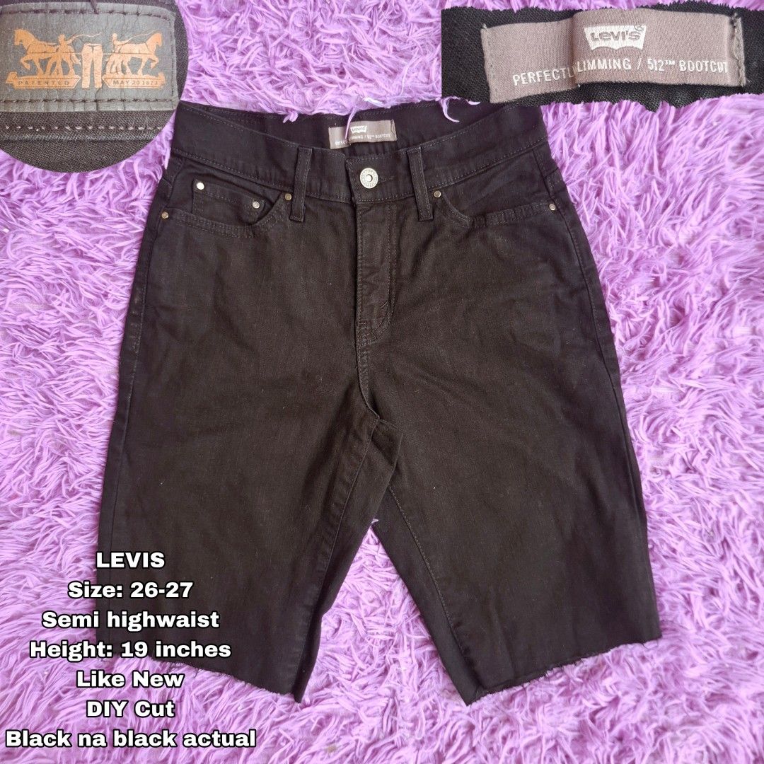 Levis 512 Black Denim Cutoff Shorts (Category: Shorts) located in San Fernando. Submitted by analex05 (Listing ID 1469850608, Image 1). Description: - Brand: Levi's (Model 512) - Style: Slimming bootcut cutoffs with DIY hem - Fit: Semi-high waist with button closure and functional pockets - Color: Solid black - Size: Fits waist 26 to 27 inches - Length: 19 inches - Condition: Great casual everyday piece DIY Cut.
