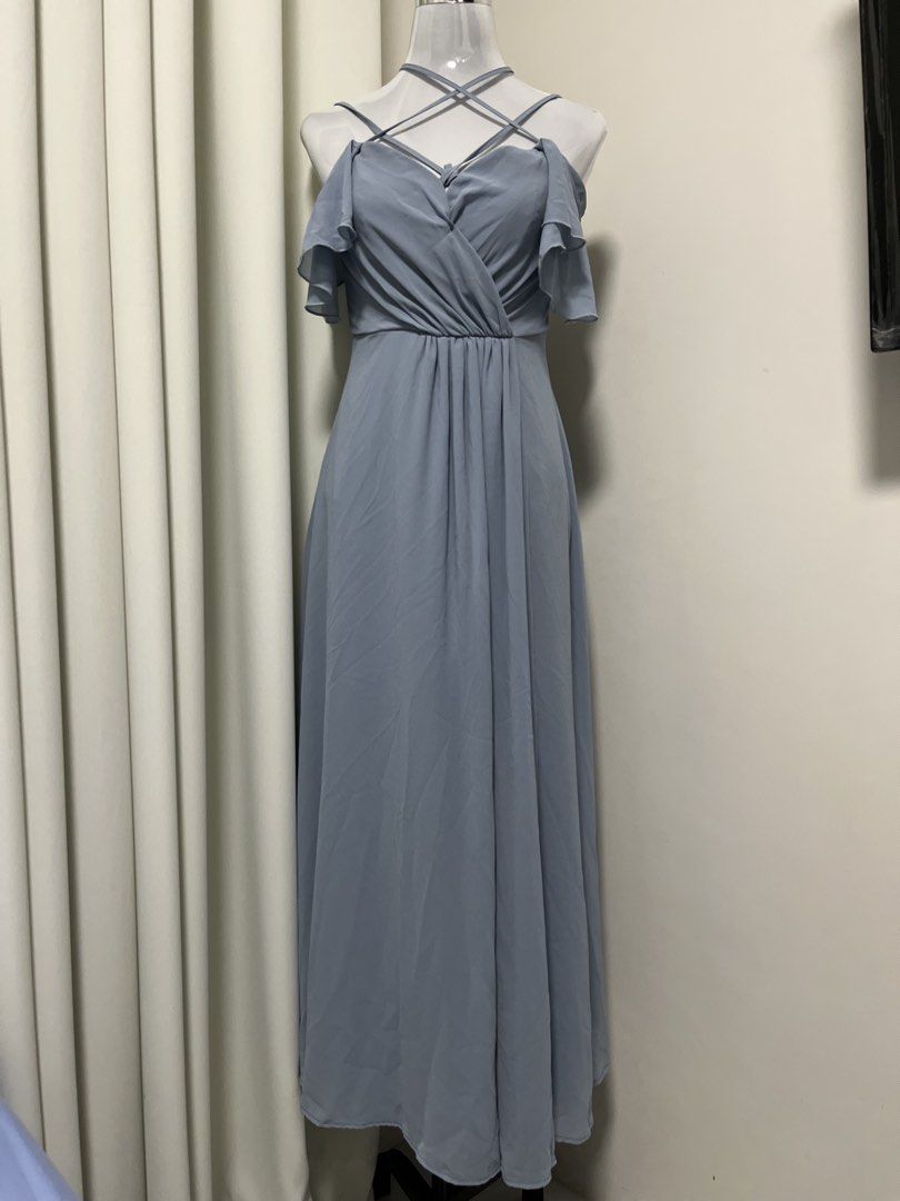 Light blue maxi evening dress with cold shoulder straps (Category: Dresses) located in Angeles City. Submitted by pinkpool (Listing ID 1469769188, Image 1). Description: Stunning light blue chiffon long dress featuring chic cross straps, cold-shoulder ruffles, and a pleated bodice. Floor-length and effortlessly flowing, it's the perfect outfit for weddings, formal events, and dinner parties..