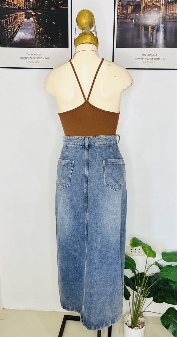 Long Denim Skirt | S: 27-28 (Category: Skirts) located in Manila. Submitted by bengirlclothing (Listing ID 1469773096, Image 3). Description: - Style: Long blue denim midi skirt with an edgy acid wash finish -Size: 27-28 inches -Length: 35 inches -Ukay Source | No to maselan/ maarte sa ukay .