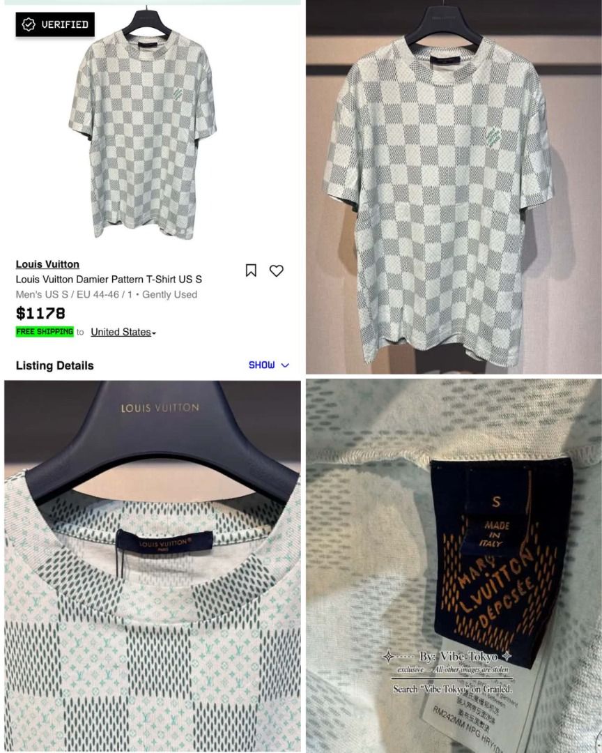 Authentic Louis Vuitton Men's Monogram Damier Knit T-Shirt Size S (2018 Collection) (Category: Tshirts & Polo Shirts ) located in Caloocan City. Submitted by teacherelo72856 (Listing ID 1469788708, Image 1). Description: Louis Vuitton t-shirt with classic Damier checkerboard pattern all over in green and white tones. Short sleeves and crew neck collar. Contrasting neck tag and interior label details included. Size small men's fit. Premium luxury 