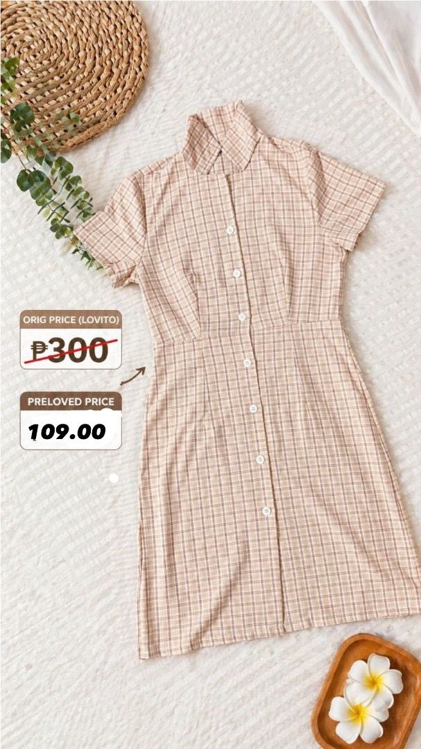 Lovito Beige Plaid Short Sleeve Button Down Dress (Category: Dresses) located in Manila. Submitted by yssac. (Listing ID 1469940252, Image 1). Description: - Classic plaid midi dress - Button-down style - Short sleeves - Collared neckline - Fitted waist, slight flare MOD: lalamove / any courier kayo po mag book / meet-up alimall / pick-up direct from me *open for videochat for legitimacy Thank you. Brand Lovito Size S / EU 36 / UK 8 / US 4 .