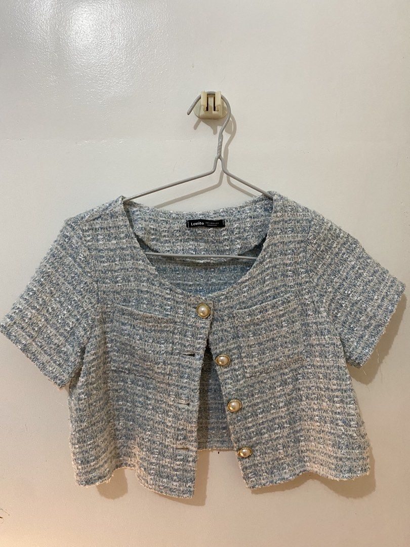 Lovito tweed cardigan (Category: Blouses) located in Mariveles. Submitted by guacamolepizzaroll (Listing ID 1469901758, Image 1). Description: rfs: decluttering my closet, making room for pieces i wear more condition: good as new, wore once price is negotiable!! MOP: gcash, paymaya, or pnb #Lovito #prelovedfashion #tweedcardigan #closetcleanout.