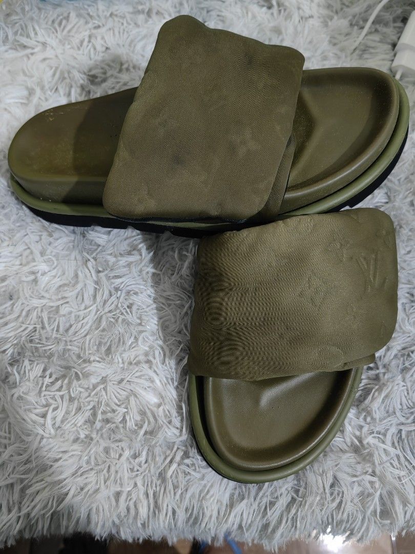 LV Slide (Category: Slippers & Slides) located in Dalaguete. Submitted by alloutlove (Listing ID 1469768406, Image 3). Description: LV moss green coded slide slightly used size 9 pwd 10 can be adjusted very comfy to wear..