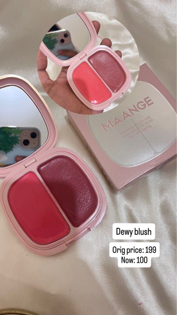 Maange Multi-Use Face Palette RC06 Dewy Blush (Category: Makeup) located in Caloocan City. Submitted by brdnkm26 (Listing ID 1469785064, Image 3). Description: - Brand: Maange multi-use face palette - Shade: RC06 (Great everyday pink shades) - Finish: Two-tone dewy blush with built-in mirror - Size: Net weight 3g + 3g - Condition: Swatched once, basically untouched, with original box.