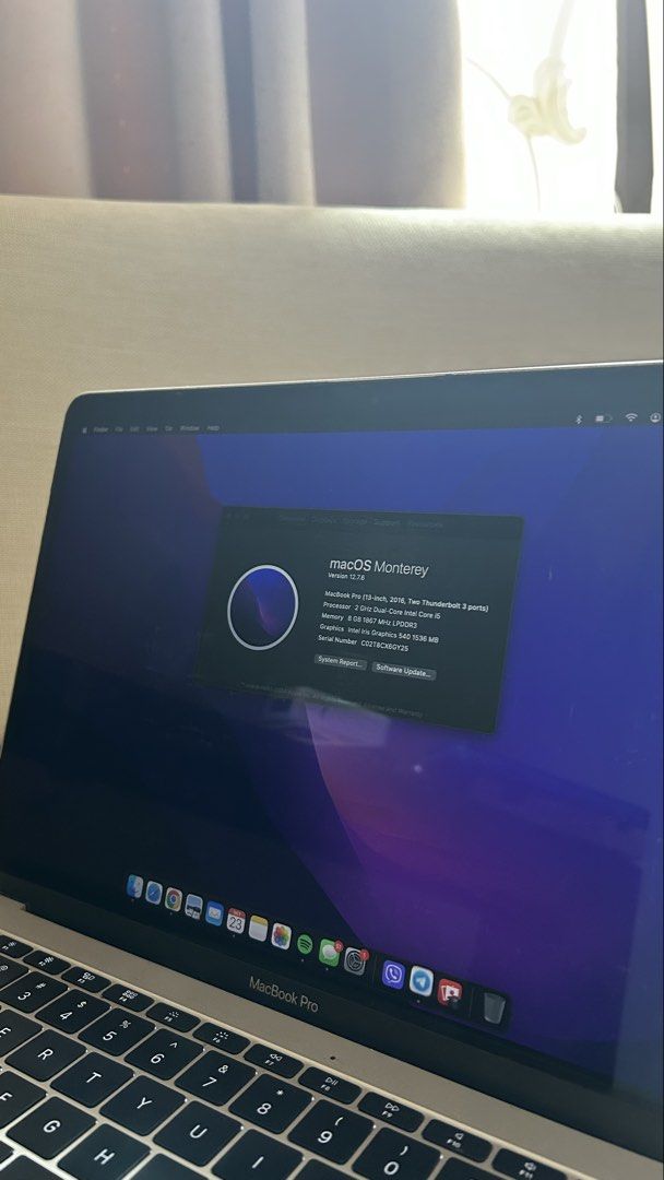 MacBook Pro 13-inch 2016 (Category: Laptops & Notebooks) located in Taguig. Submitted by _tsja_ (Listing ID 1469771702, Image 3). Description: 💻 Specifications • Two Thunderbolt 3 ports • Processor: 2 GHz Dual-Core Intel Core i5 • Memory: 8GB 1867 MHz LPDDR3 • Default storage: 256GB • Graphics: Intel Iris Graphics 540 1536 MB • Built-In Retina Display • Runs on macOS Monterey 12.7.6 ❗️Issues: • Battery health: Service recommended • Charging cabl