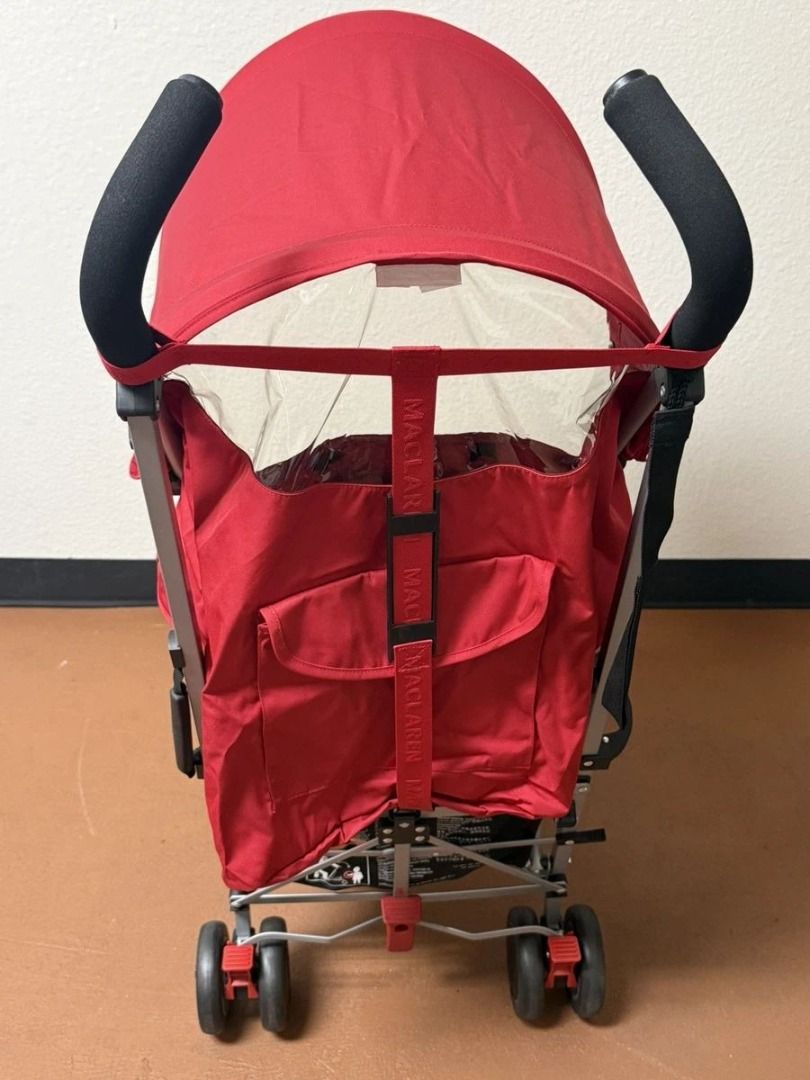 Maclaren Quest Stroller Red and Beige (Category: Strollers) located in Manila. Submitted by vashtardo (Listing ID 1469932844, Image 3). Description: - Brand: Maclaren Quest stroller - Colorway: Red and beige - Condition: Like new, original tags still attached on handlebars - Design: Lightweight, foldable umbrella style for easy carrying - Features: Attached canopy, safety harness straps, and back storage pocket - Performance: Smooth-rolling wheel