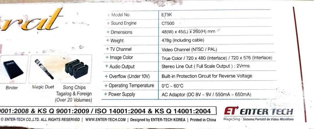 Magic Sing Karat ET9K Portable Videoke Microphone 2011 Edition (Category: Other Audio Equipment) located in Las Pinas. Submitted by jrt0306 (Listing ID 1469875881, Image 1). Description: - Product: Magic Sing Karat ET9K Portable Videoke Microphone System (2011 Edition) - Song Library: Over 2,100 built-in songs ready to play - Condition & Packaging: Complete set in original box - What's Included: Wired microphone, power adapter, AV cables, USB cab