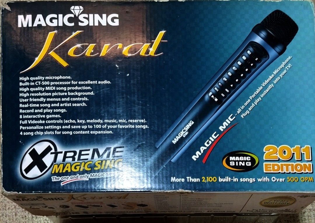 Magic Sing Karat ET9K Portable Videoke Microphone 2011 Edition (Category: Other Audio Equipment) located in Las Pinas. Submitted by jrt0306 (Listing ID 1469875881, Image 2). Description: - Product: Magic Sing Karat ET9K Portable Videoke Microphone System (2011 Edition) - Song Library: Over 2,100 built-in songs ready to play - Condition & Packaging: Complete set in original box - What's Included: Wired microphone, power adapter, AV cables, USB cab
