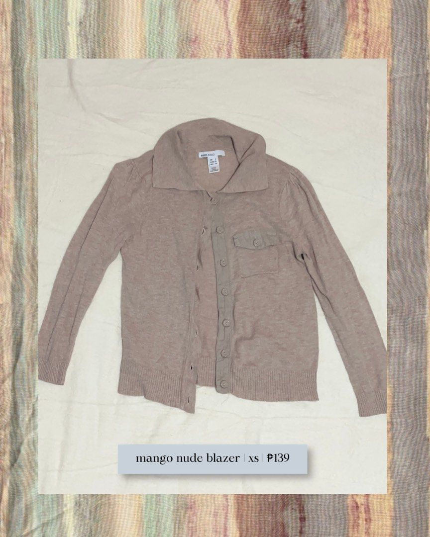 Mango Nude Blazer Cardigan Size XS (Category: Coats, Jackets and Outerwear) located in Manila. Submitted by yours_eventually (Listing ID 1469871276, Image 1). Description: - Brand/Style: Mango knit cardigan blazer - Size: Extra Small (XS) - Color: Versatile nude neutral - Details: Button-up front, fold-over collar, front pockets, ribbed hem and cuffs - Material: Soft and comfortable knit - Condition: Great pre-loved condition (ready to wear!).