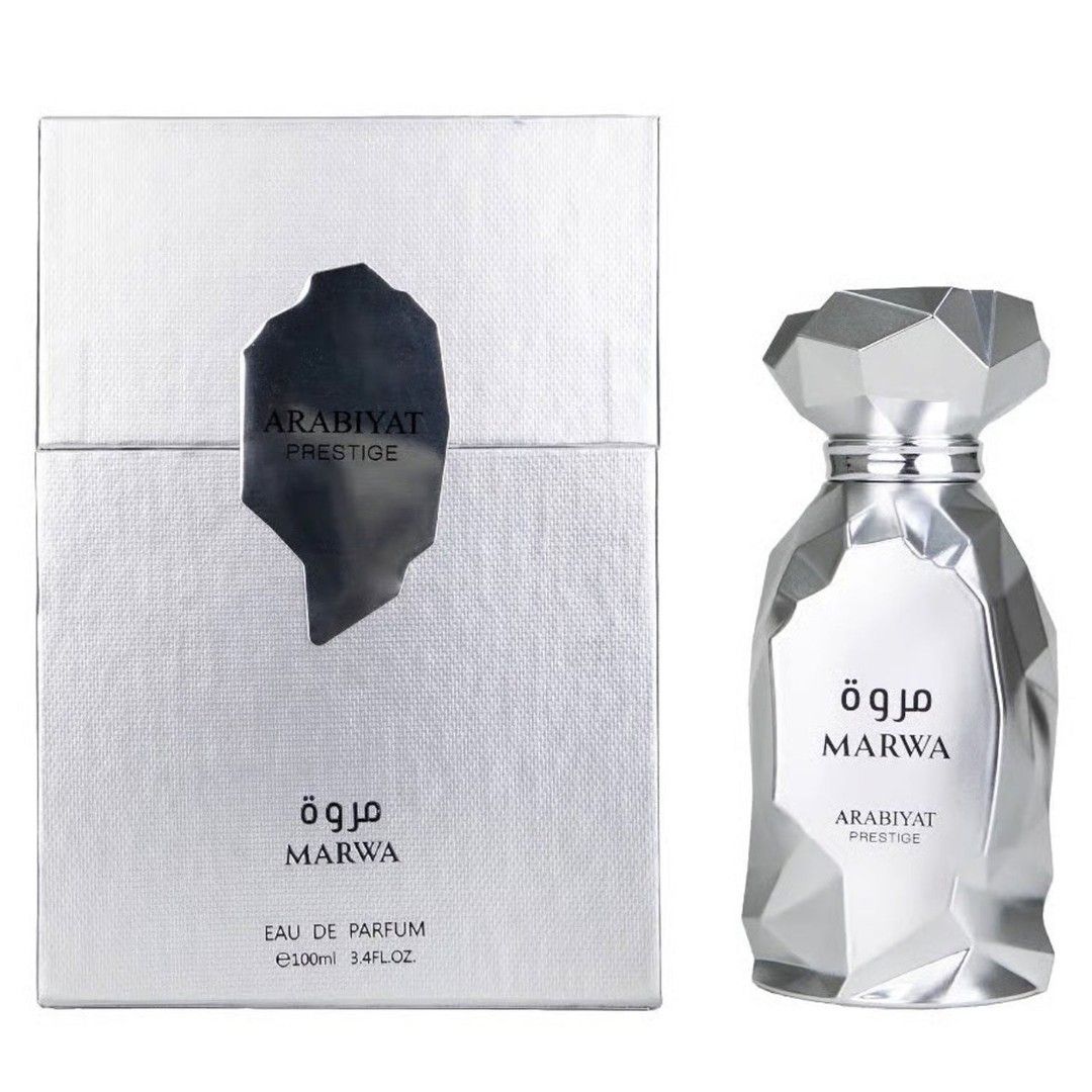 Marwa Arabiyat Prestige Eau De Parfum 100ml (Category: Fragrance & Deodorants) located in Pasay City. Submitted by perfume.ph (Listing ID 1469822425, Image 1). Description: - Brand: Arabiyat Prestige - Name: Marwa - Type: Eau de Parfum (EDP) - Size: 100ml / 3.4 fl oz - Top Notes: Bergamot, Petitgrain, Ginger - Heart Notes: Geranium, Tea, Incense - Base Notes: Guaiac Wood, Ambroxan, Musk - Condition: Brand new, silver packaging, factory-sealed in 