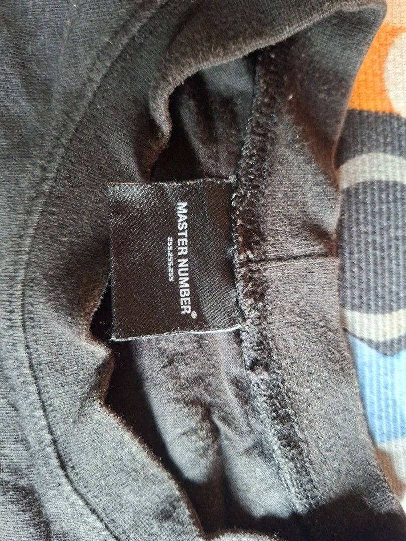 Master Number Off-White Graphic T-Shirt Black (Category: Tshirts & Polo Shirts ) located in San Francisco. Submitted by manu2025 (Listing ID 1469842111, Image 3). Description: - Brand/Style: Master Number black t-shirt with Off-White front and back graphic print - Fit: Relaxed fit with short sleeves and ribbed crew neck - Material: Comfortable cotton (shows slight fading from wash and wear) - Size/Measurements: Pit to pit 22 inches, Length 27 inc