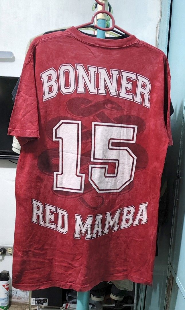 Matt Bonner Red Mamba Snake T-Shirt Size Large (Category: Tshirts & Polo Shirts ) located in Camiling. Submitted by sundot_kalikot (Listing ID 1469820522, Image 2). Description: - Color: Red - Design: Bold snake head graphic on front; "Bonner 15" and "Red Mamba" lettering on back - Fit: Standard fit with short sleeves and crew neck - Material: Comfortable 100% cotton - Style: Casual wear / Sports fan collectible issue- minimal sign of usage - 20 