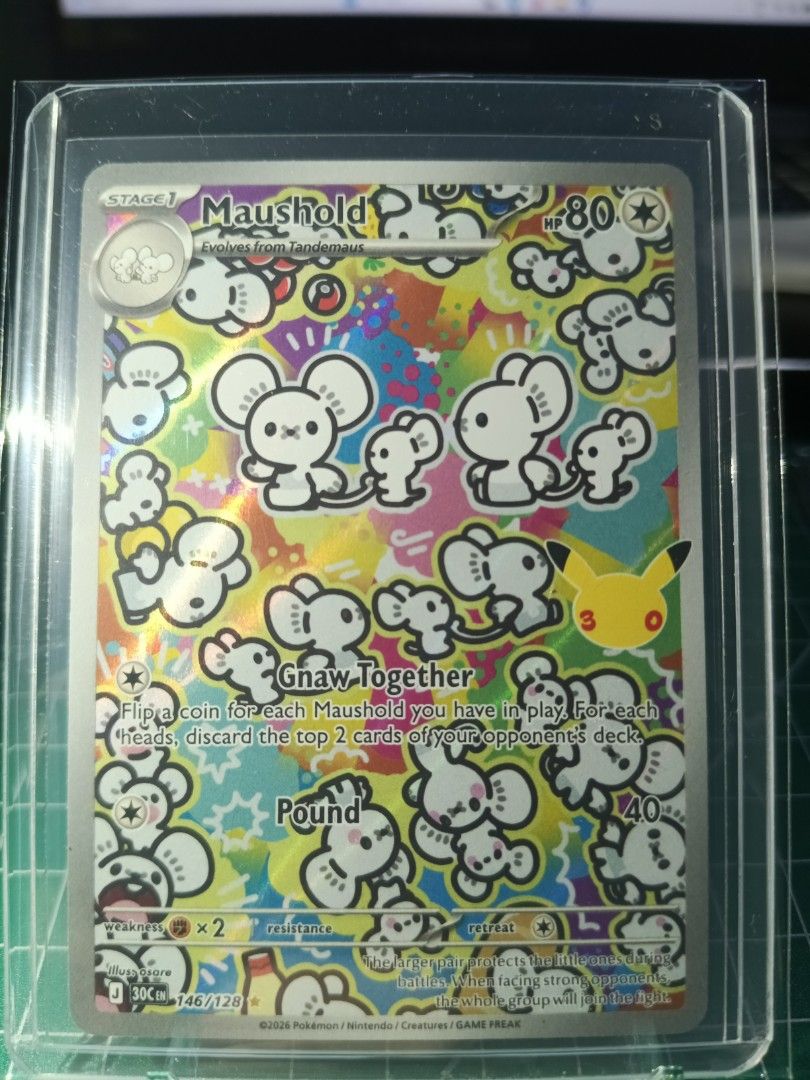 Maushold 146/128 IR (Category: Raw Singles) located in General Trias. Submitted by hobbyshare19 (Listing ID 1469910547, Image 1). Description: WTS (Want to Sell) • Character Name: Maushold (English Version) • Card Code: 146/128 IR • Rarity: Illustration Rare (IR) / 1 Gold Star • Set: ME: 30th Celebration Anniversary Expansion • Condition: Near Mint (Kept in OPP plastic + toploader + toploader sleeve) • Price: ₱950 • Location: General Trias, Cavit