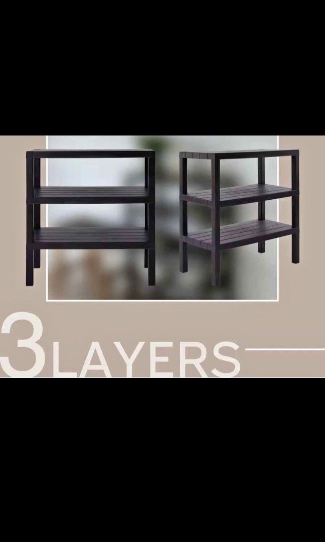 Megabox 3-Layer Plastic Storage Rack / Shelf (Category: Shelves, Cabinets & Racks) located in Valenzuela. Submitted by justgorjas (Listing ID 1469877505, Image 3). Description: Dark Brown / Espresso 3 Layers / Tiers Standard compact utility rack size (approx. 18–22 inches in width, 24–28 inches in height) Delivery via Lalamove pooling..
