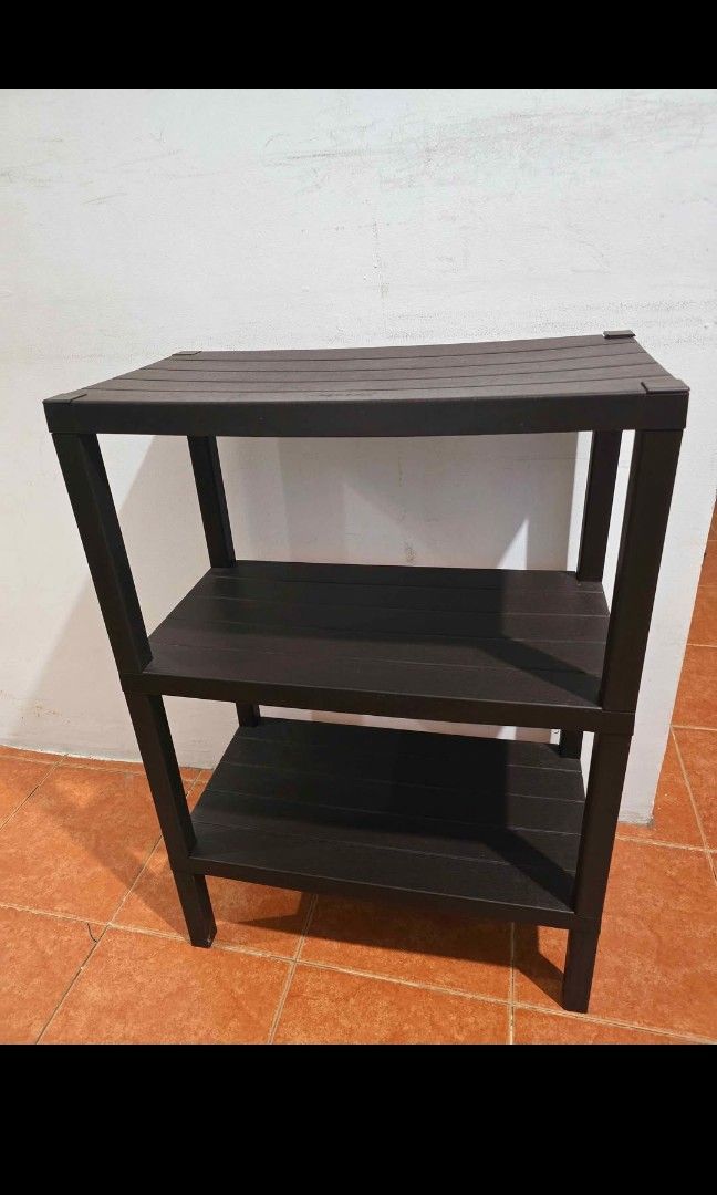 Megabox 3-Layer Plastic Storage Rack / Shelf (Category: Shelves, Cabinets & Racks) located in Valenzuela. Submitted by justgorjas (Listing ID 1469877505, Image 2). Description: Dark Brown / Espresso 3 Layers / Tiers Standard compact utility rack size (approx. 18–22 inches in width, 24–28 inches in height) Delivery via Lalamove pooling..