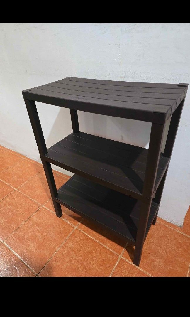 Megabox 3-Layer Plastic Storage Rack / Shelf (Category: Shelves, Cabinets & Racks) located in Valenzuela. Submitted by justgorjas (Listing ID 1469877505, Image 1). Description: Dark Brown / Espresso 3 Layers / Tiers Standard compact utility rack size (approx. 18–22 inches in width, 24–28 inches in height) Delivery via Lalamove pooling..