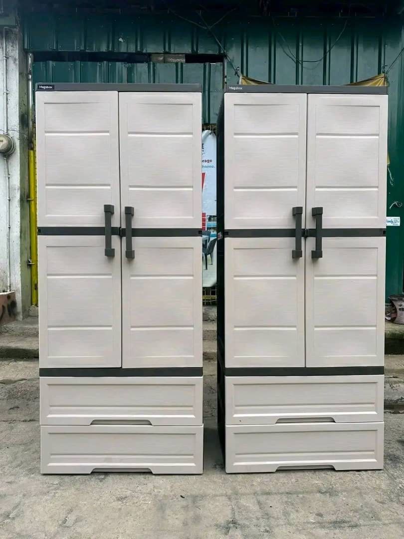 Megabox Plastic Wardrobe Cabinet with Drawers (Category: Shelves, Cabinets & Racks) located in Iligan City. Submitted by aracellhubs (Listing ID 1469932261, Image 3). Description: - Brand: Megabox - Material: Sturdy plastic, easy to wipe clean - Color: Available in neutral grey and white - Storage: Double doors on top with secure locking handles + 2 spacious bottom drawers - Ideal for: Organizing clothes, linens, and daily clutter in bedrooms or 