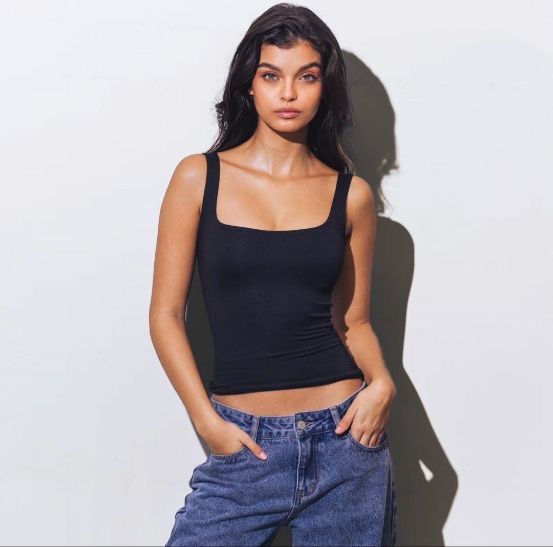 Black Square Neck Tank Top (Category: Sleeveless) located in Quezon City. Submitted by vidadmarie (Listing ID 1469815939, Image 2). Description: - Brand: MERA - Style: Square neck tank top - Color: Black - Size: S - Bust: 30-32” - Waist: 25-27” - Material: Bodycon.