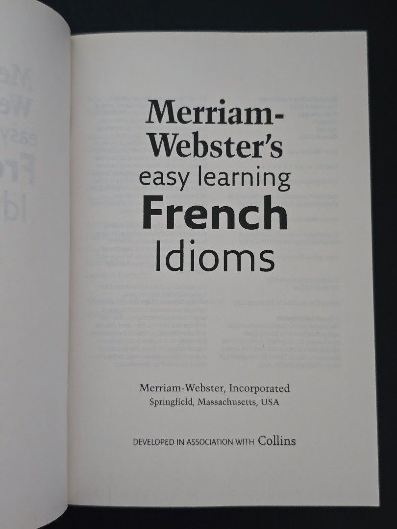 Merriam-Webster's Easy Learning French Idioms (Category: Storybooks) located in Dasmarinas. Submitted by curatedreadsbykat (Listing ID 1469774742, Image 3). Description: ✨ Remaindered copy ✨ This is a remaindered copy — meaning the book is brand new and unread, but may have minor cosmetic flaws (such as small marks, dents, or publisher stamps) from storage or distribution. ✨ Kindly swipe left on the picture section of the listing to see the actua