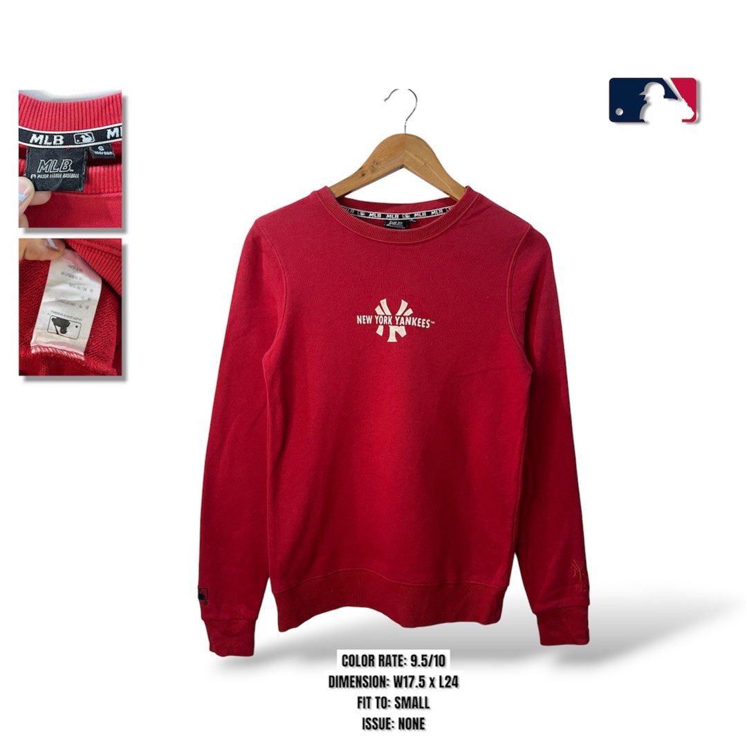 MLB New York Yankees Red Sweatshirt Size S (Category: Coats, Jackets and Outerwear) located in Cabagan. Submitted by blessingma81004 (Listing ID 1469769035, Image 1). Description: - Brand: MLB New York Yankees - Color: Red - Size: S (160/80A) | Chest width: 17.5" | Length: 24" - Design: Classic NY Yankees chest print, American flag patch on upper back collar, and MLB logo embroidery on sleeve cuff - Style: Comfortable everyday streetwear.