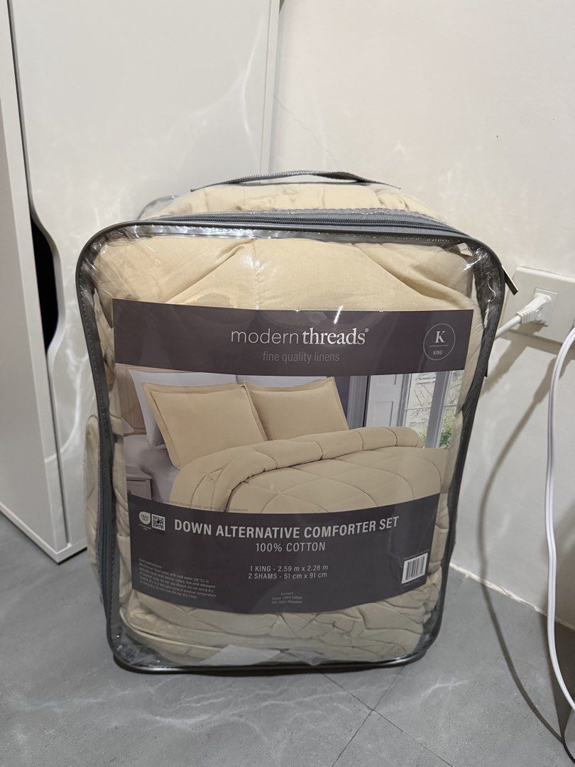 Modern Threads Down Alternative Comforter Set King Size Beige (Category: Bedding & Towels) located in Valenzuela. Submitted by littlelottishop (Listing ID 1469772475, Image 1). Description: - Brand: Modern Threads - Item: King Size Down Alternative Comforter Set - Color: Beige - Condition: opened, in original zippered vinyl bag. laundried once but not used - Inclusions: 1 Comforter (2.59m x 2.28m) and 2 Shams or Pillow (51cm x 91cm) - Material: 1