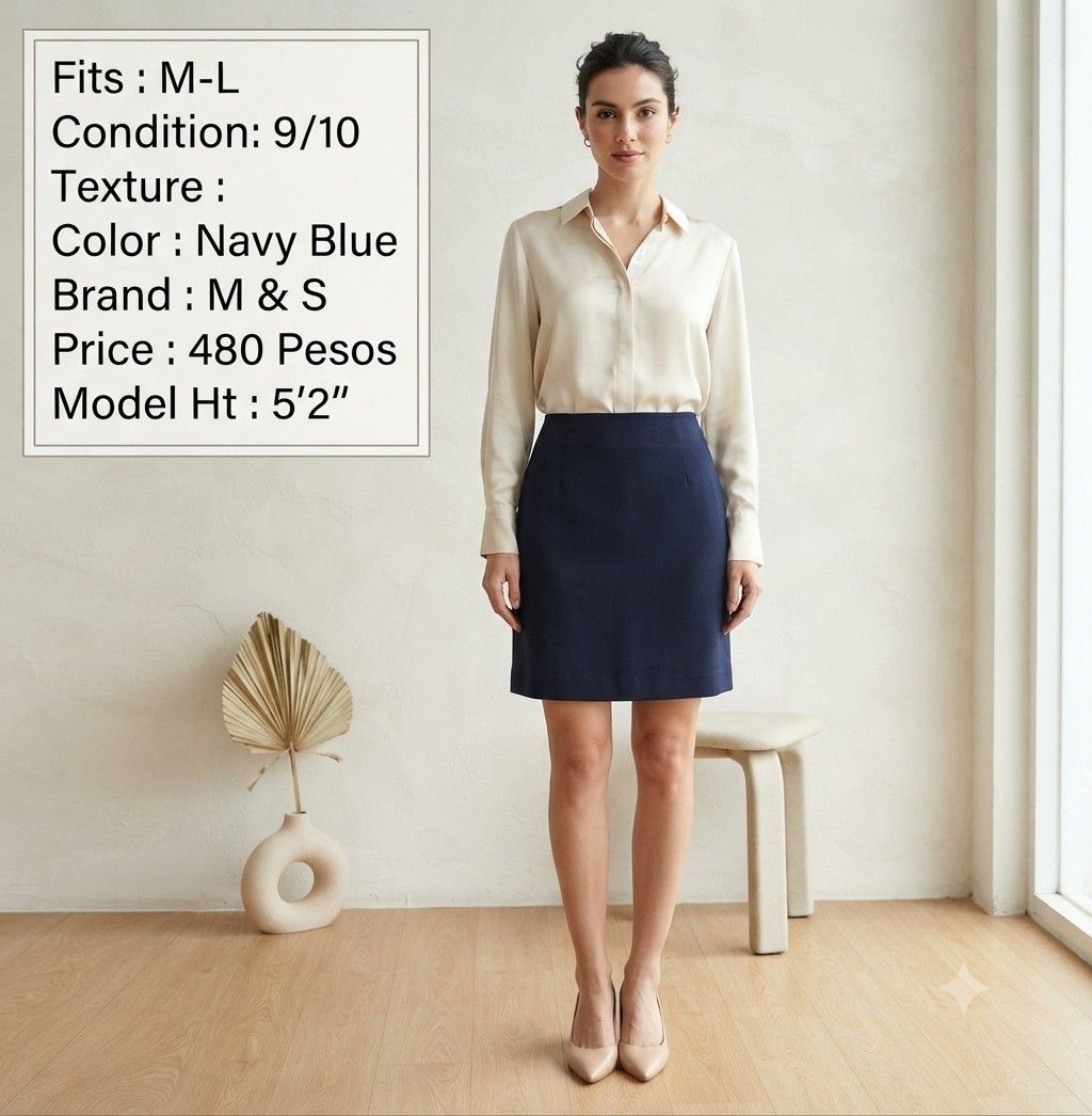 M&S Navy Blue Skirt (Category: Skirts) located in Santa Maria. Submitted by anne_s.list (Listing ID 1469872100, Image 1). Description: - Brand: Marks & Spencer - Color: Classic navy blue - Size: 12 Regular (Fits Medium to Large) - Waistband: Inner elastic for all-day comfort - Origin: Made in Bangladesh - Style: Versatile staple piece, perfect for office wear or casual days.