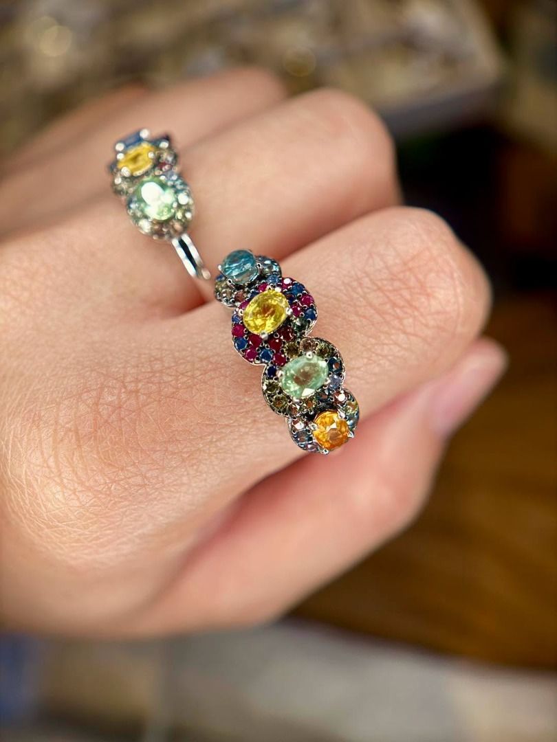 Natural Multicolored Sapphire Half-Eternity Ring in Silver (Category: Rings) located in Baguio. Submitted by asna_taku (Listing ID 1469845801, Image 3). Description: 💎 Natural Multicolored Sapphire Half-Eternity Ring in Silver 💎 🌈 RARE FIND FOR GEMSTONE COLLECTORS! A beautiful parade of natural multicolored sapphires in captivating shades of blue, pink, yellow, and green. ✨ This half-eternity design creates a colorful statement while remaining