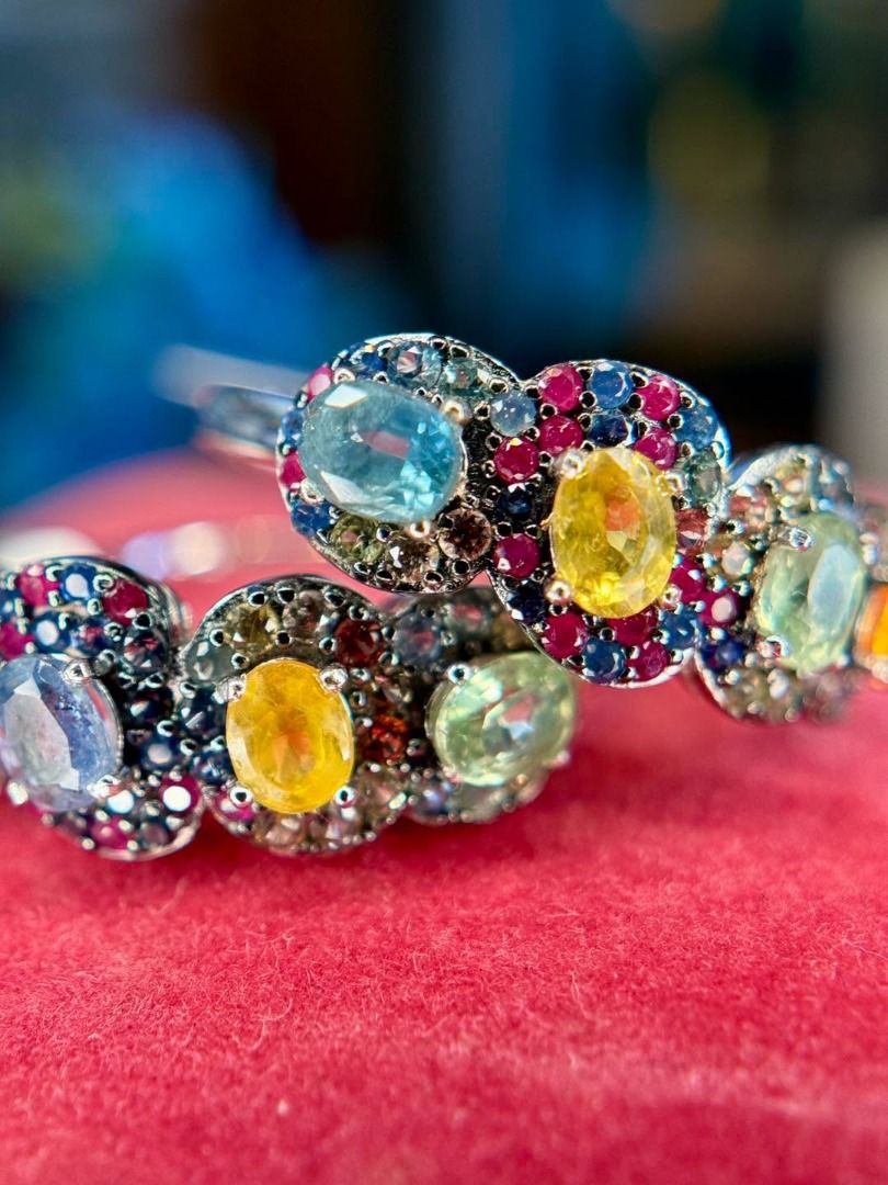 Natural Multicolored Sapphire Half-Eternity Ring in Silver (Category: Rings) located in Baguio. Submitted by asna_taku (Listing ID 1469845801, Image 1). Description: 💎 Natural Multicolored Sapphire Half-Eternity Ring in Silver 💎 🌈 RARE FIND FOR GEMSTONE COLLECTORS! A beautiful parade of natural multicolored sapphires in captivating shades of blue, pink, yellow, and green. ✨ This half-eternity design creates a colorful statement while remaining