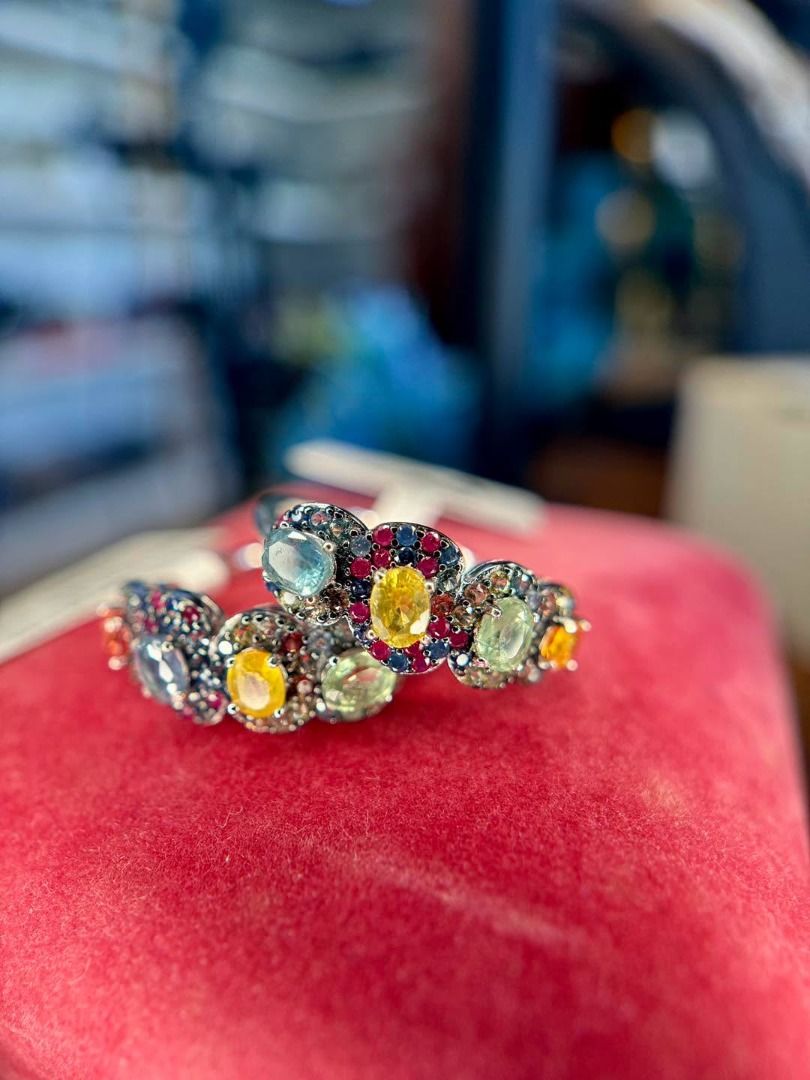 Natural Multicolored Sapphire Half-Eternity Ring in Silver (Category: Rings) located in Baguio. Submitted by asna_taku (Listing ID 1469845801, Image 2). Description: 💎 Natural Multicolored Sapphire Half-Eternity Ring in Silver 💎 🌈 RARE FIND FOR GEMSTONE COLLECTORS! A beautiful parade of natural multicolored sapphires in captivating shades of blue, pink, yellow, and green. ✨ This half-eternity design creates a colorful statement while remaining