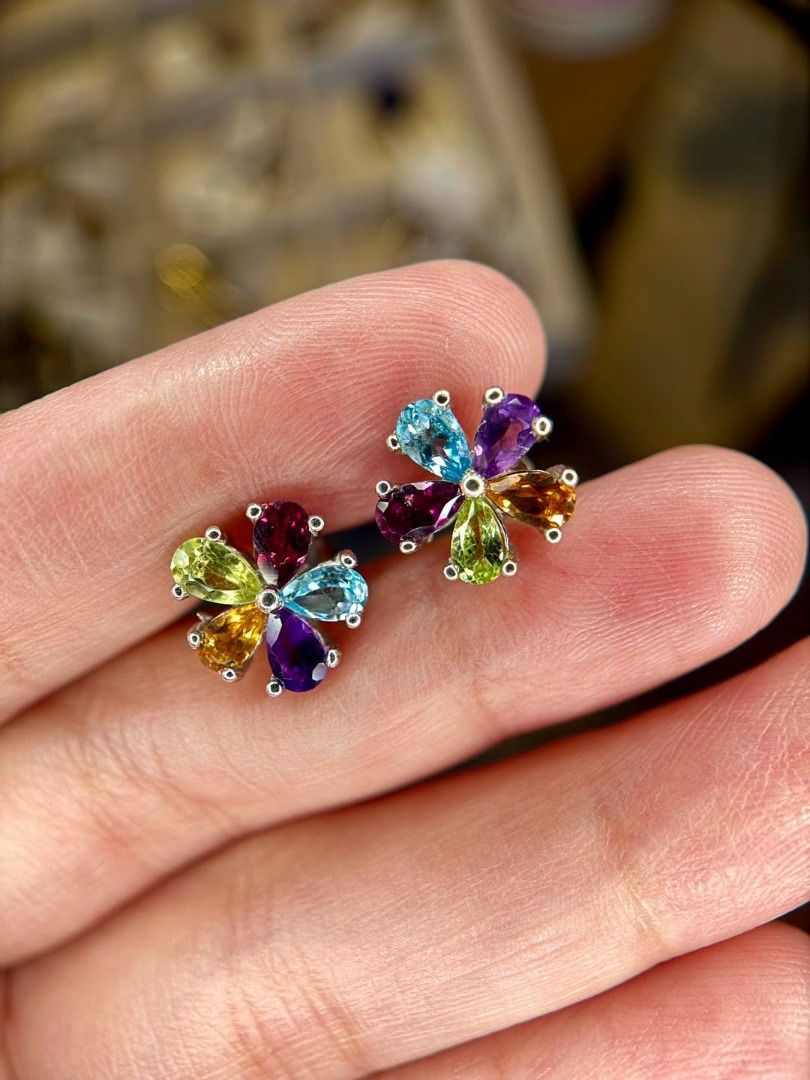 Natural Multigem Flower Stud Earrings in 925 Silver (Category: Earrings) located in Baguio. Submitted by asna_taku (Listing ID 1469843875, Image 3). Description: 🌈 Natural Multigem Flower Stud Earrings in 925 Silver 💎 COLORFUL GEMSTONE BEAUTIES! ✨🌸 Add a pop of color to your jewelry collection with these gorgeous floral stud earrings featuring a vibrant mix of colorful gemstones in beautiful purple, blue, green, and golden hues. Eye-catching y